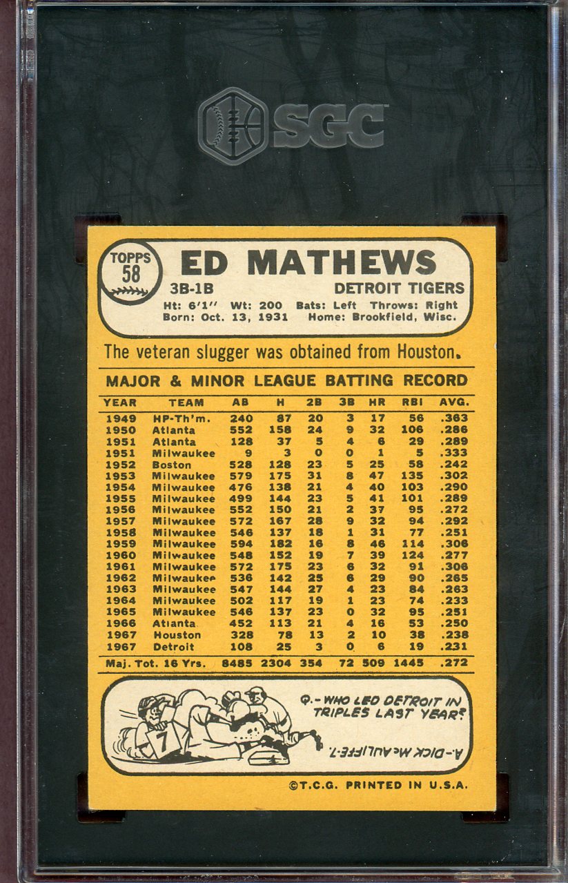 1968 Topps Baseball #058 Eddie Mathews Tigers SGC 8 NM/MT 560670