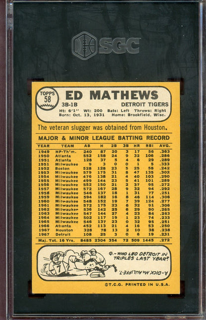 1968 Topps Baseball #058 Eddie Mathews Tigers SGC 8 NM/MT 560670