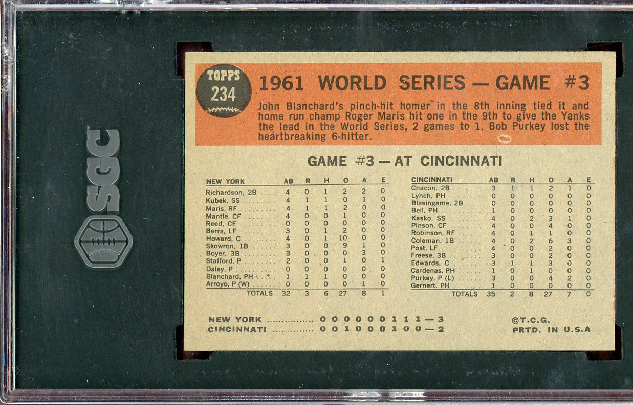 1962 Topps Baseball #234 World Series Game 3 Roger Maris SGC 7 NM 560676