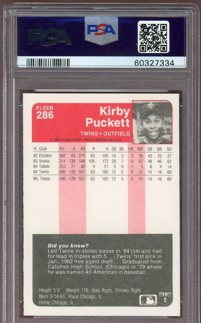 1985 Fleer #286 Kirby Puckett Twins PSA 9 MINT 560699