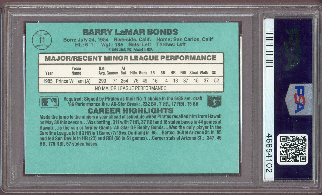 1986 Donruss Rookies #011 Barry Bonds Pirates PSA 9 MINT 560705