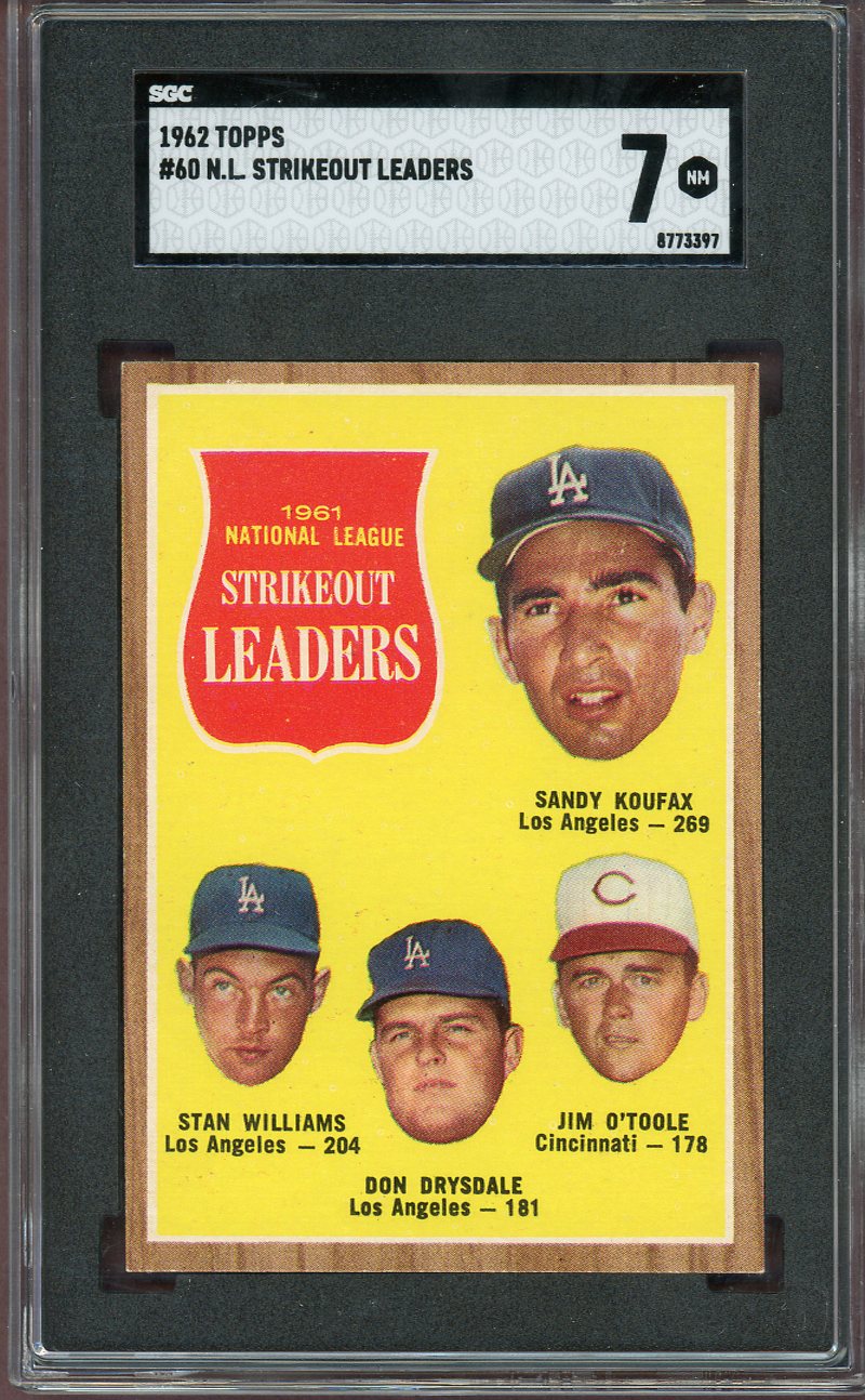 1962 Topps Baseball #060 N.L. Strike Out Leaders Sandy Koufax SGC 7 NM 560721