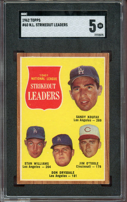 1962 Topps Baseball #060 N.L. Strike Out Leaders Sandy Koufax SGC 5 EX 560722