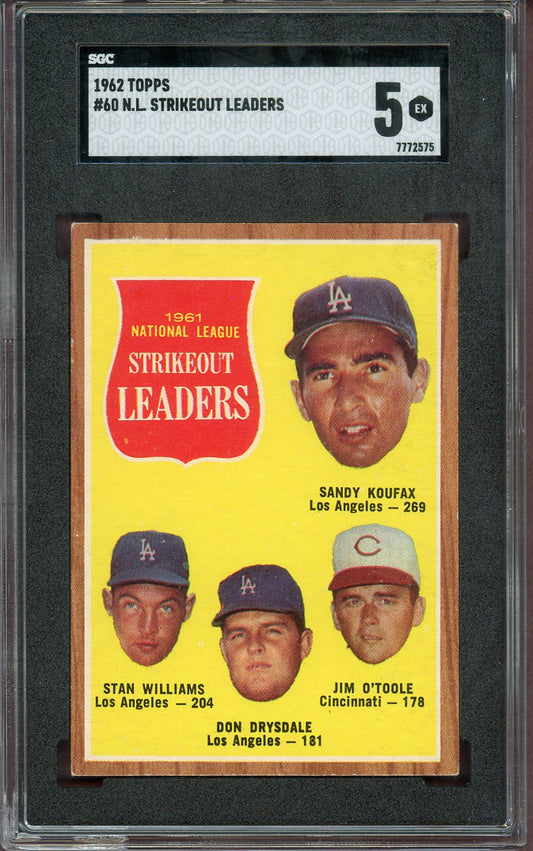 1962 Topps Baseball #060 N.L. Strike Out Leaders Sandy Koufax SGC 5 EX 560722