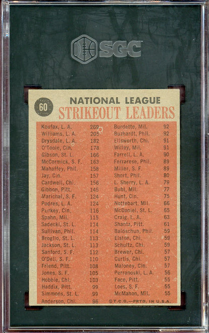 1962 Topps Baseball #060 N.L. Strike Out Leaders Sandy Koufax SGC 5 EX 560722
