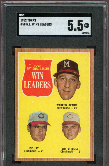 1962 Topps Baseball #058 N.L. Win Leaders Warren Spahn SGC 5.5 EX+ 560724
