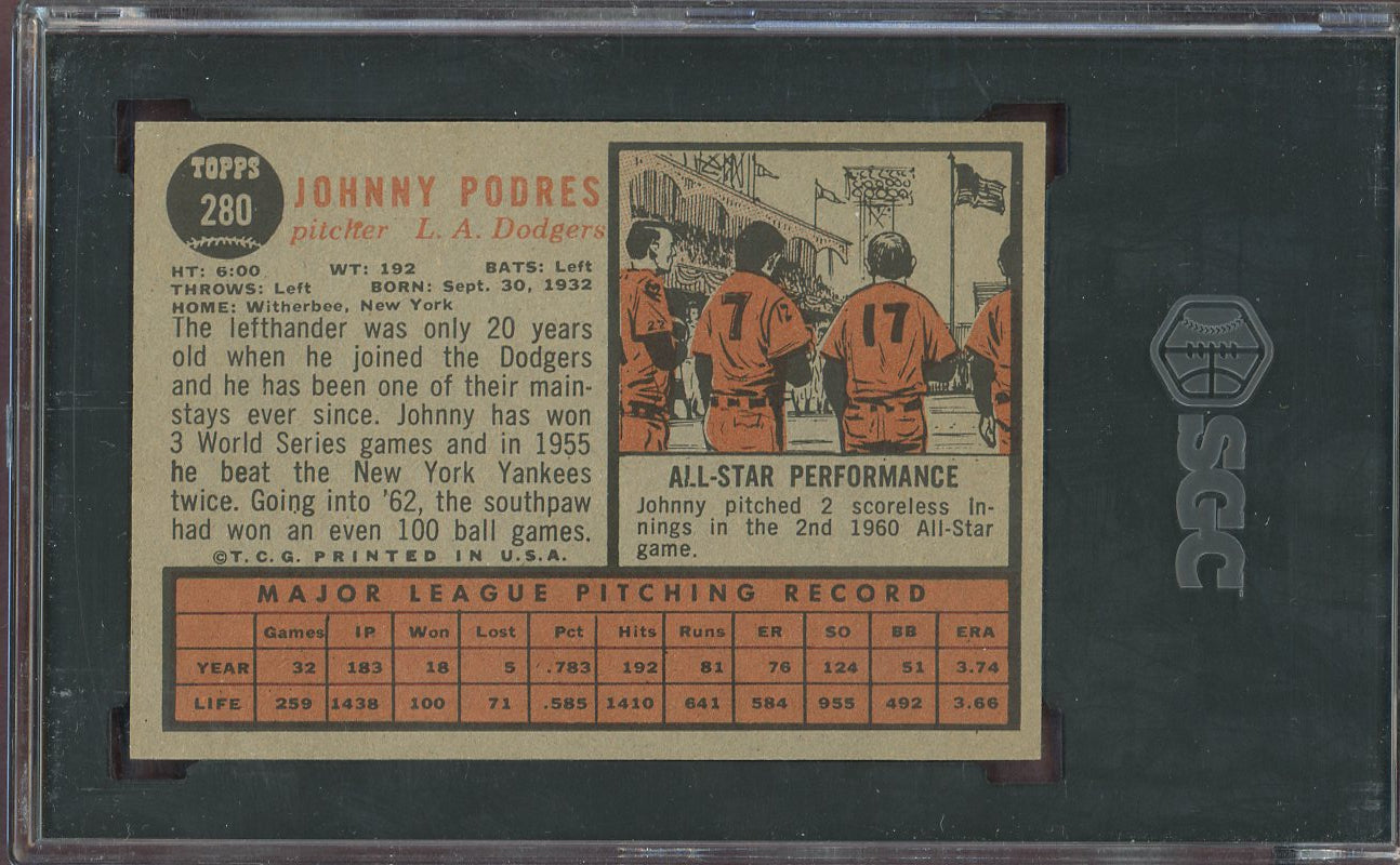 1962 Topps Baseball #280 Johnny Podres Dodgers SGC 7 NM 560729