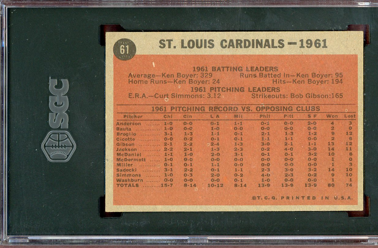 1962 Topps Baseball #061 St. Louis Cardinals Team SGC 7 NM 560739