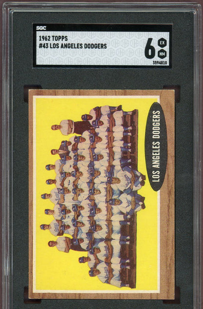 1962 Topps Baseball #043 Los Angeles Dodgers Team SGC 6 EX-MT 560740