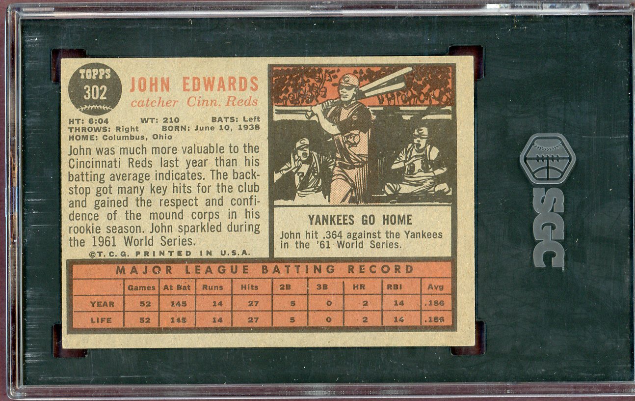1962 Topps Baseball #302 John Edwards Reds SGC 6 EX-MT 560741