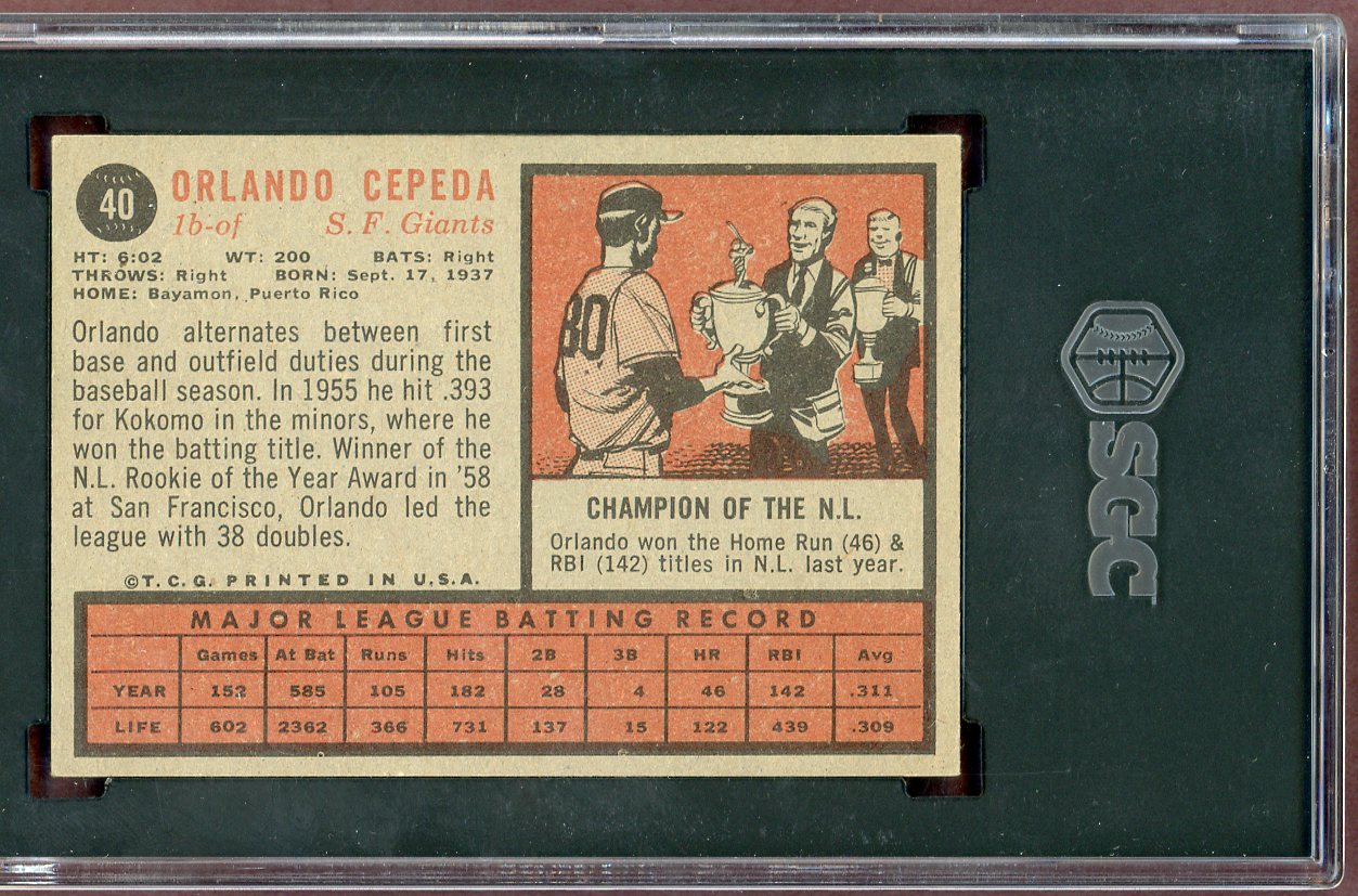 1962 Topps Baseball #040 Orlando Cepeda Giants SGC 6 EX-MT 560743