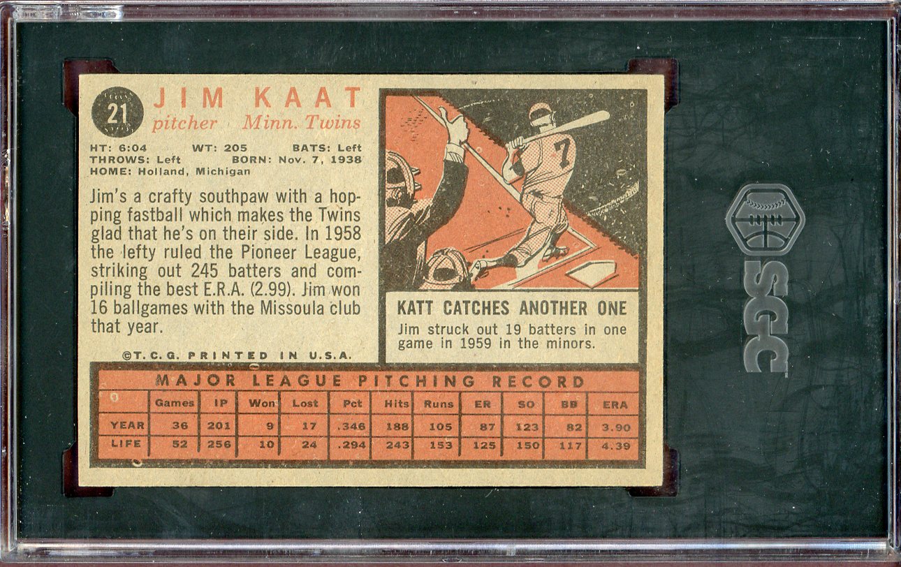1962 Topps Baseball #021 Jim Kaat Twins SGC 7 NM 560746