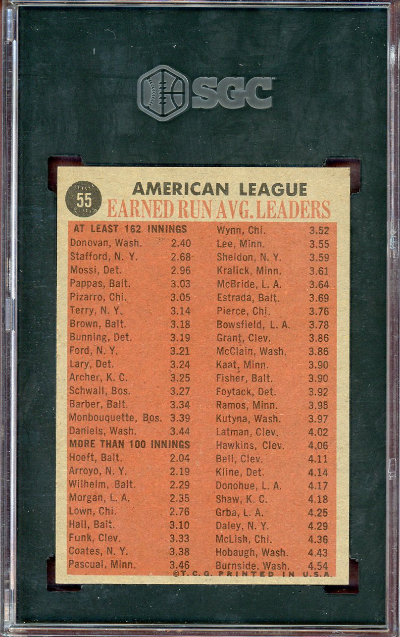 1962 Topps Baseball #055 A.L. ERA Leaders SGC 6 EX-MT 560749