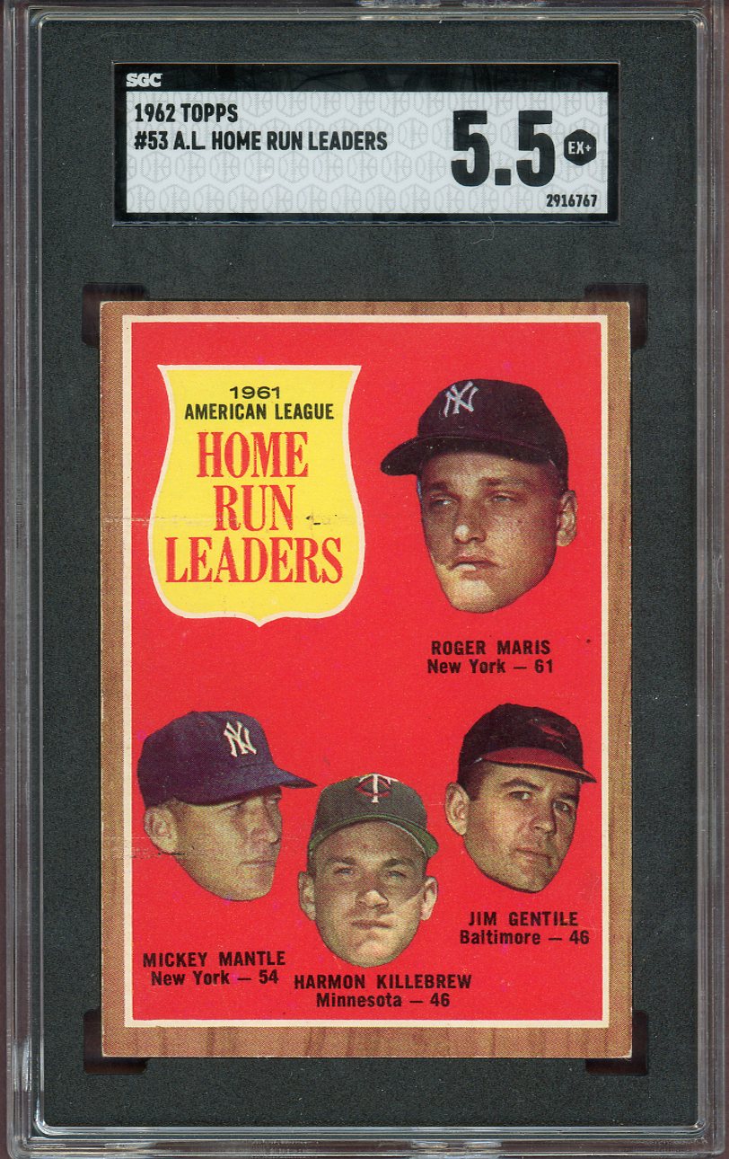 1962 Topps Baseball #053 A.L. Home Run Leaders Mickey Mantle SGC 5.5 EX+ 560750