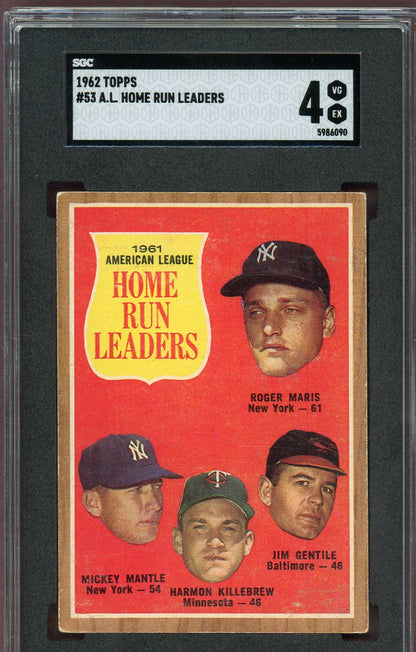 1962 Topps Baseball #053 A.L. Home Run Leaders Mickey Mantle SGC 4 VG-EX 560751