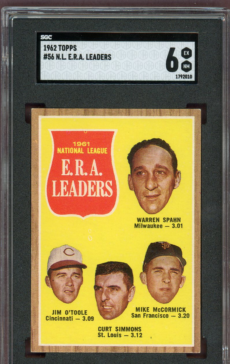 1962 Topps Baseball #056 N.L. ERA Leaders Warren Spahn SGC 6 EX-MT 560752