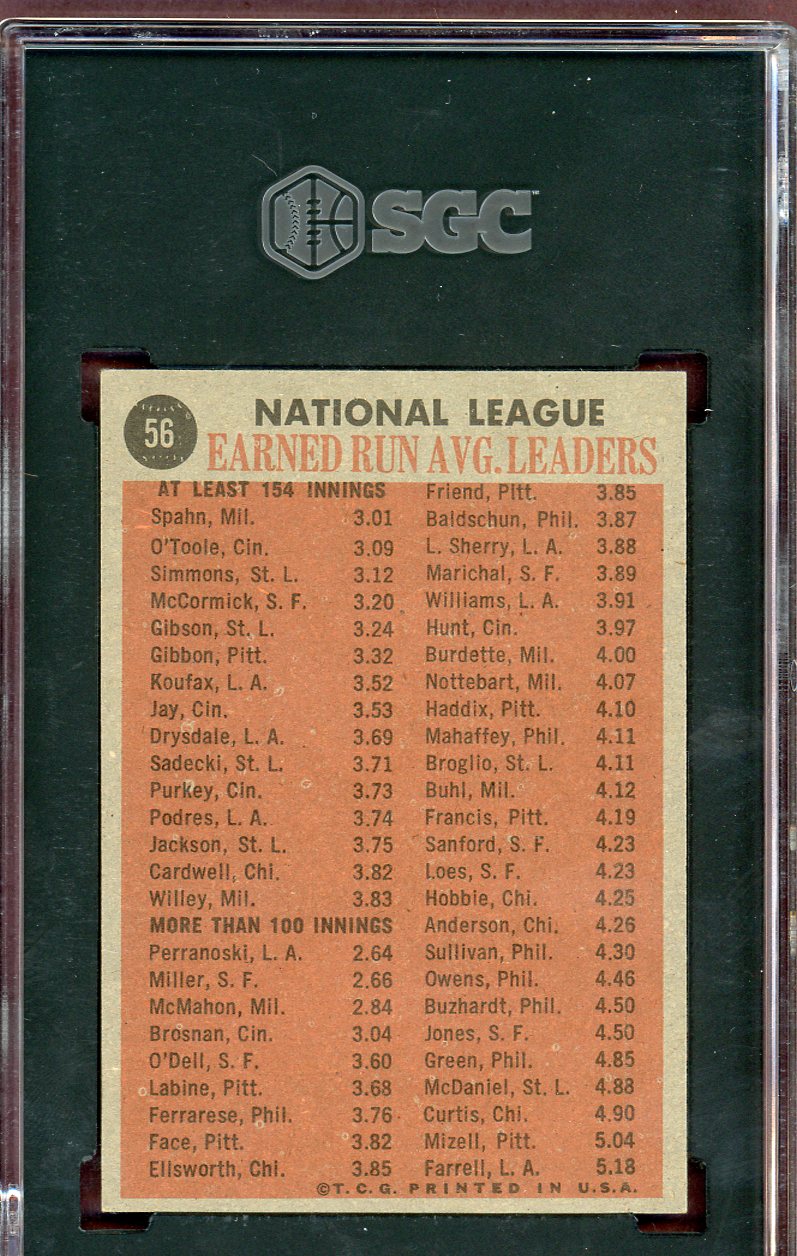1962 Topps Baseball #056 N.L. ERA Leaders Warren Spahn SGC 6 EX-MT 560752