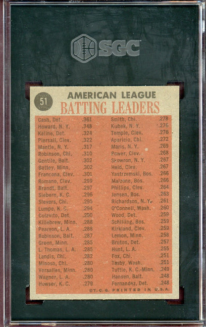1962 Topps Baseball #051 A.L. Batting Leaders Al Kaline SGC 6 EX-MT 560766