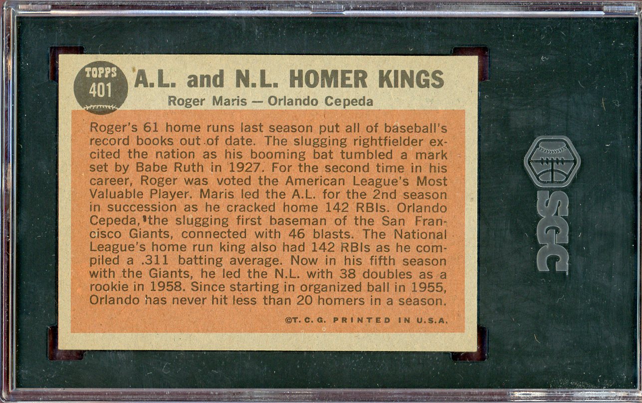 1962 Topps Baseball #401 Roger Maris Orlando Cepeda SGC 6.5 EX-MT+ 560769