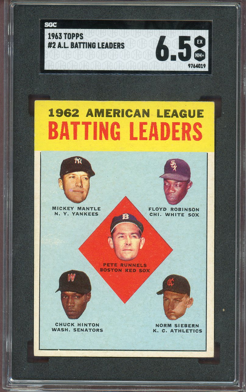 1963 Topps Baseball #002 A.L. Batting Leaders Mickey Mantle SGC 6.5 EX-MT+ 560777