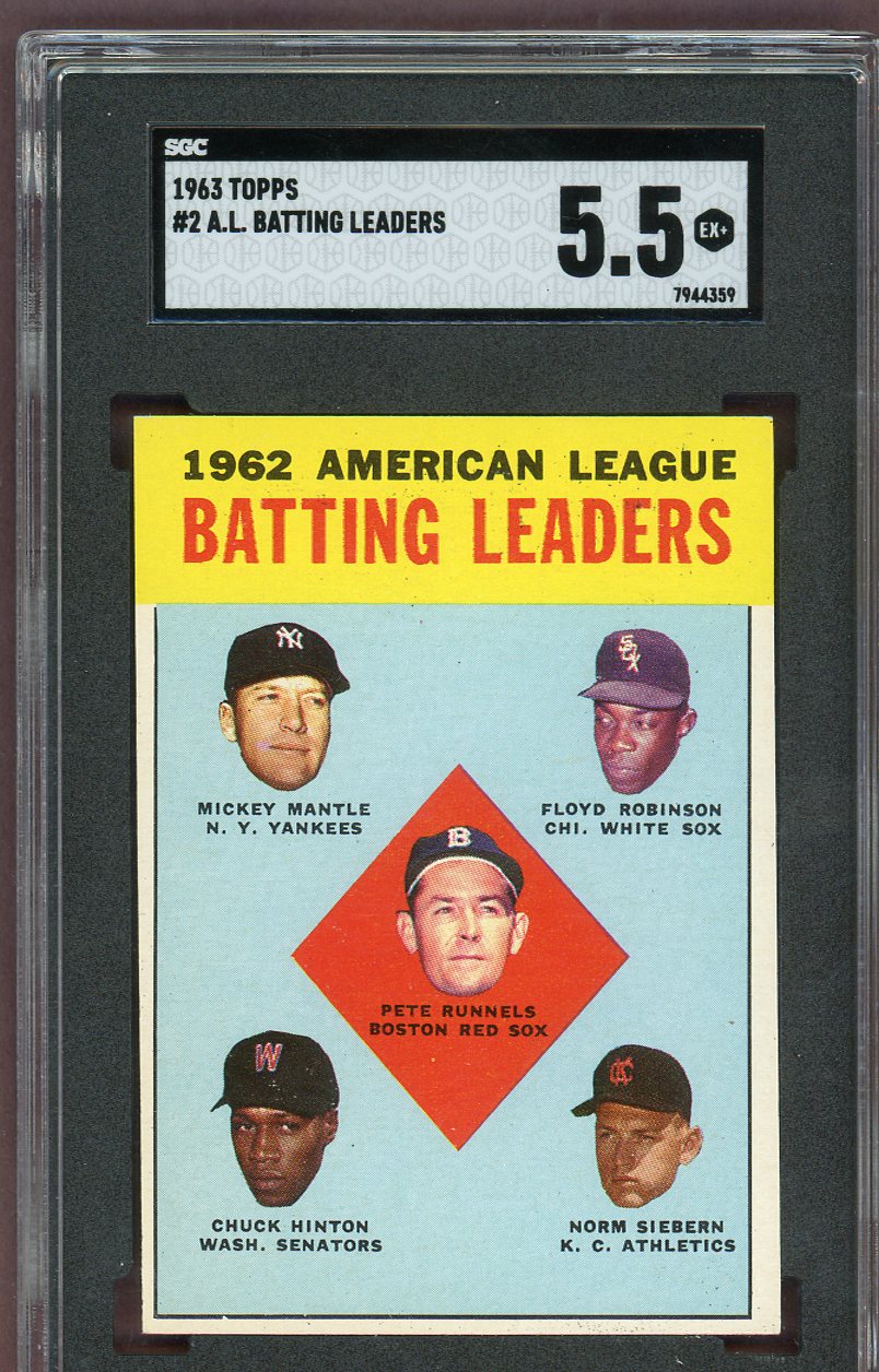 1963 Topps Baseball #002 A.L. Batting Leaders Mickey Mantle SGC 5.5 EX+ 560780