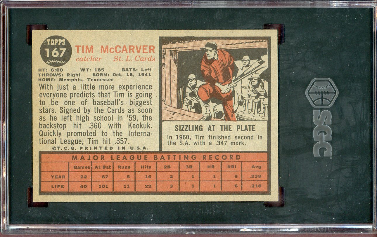 1962 Topps Baseball #167 Tim McCarver Cardinals SGC 6.5 EX-MT+ 560782