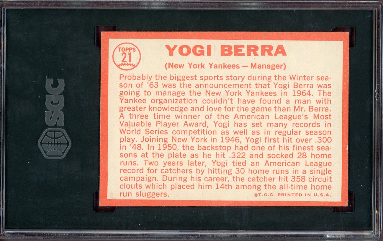 1964 Topps Baseball #021 Yogi Berra Yankees SGC 4 VG-EX 560789