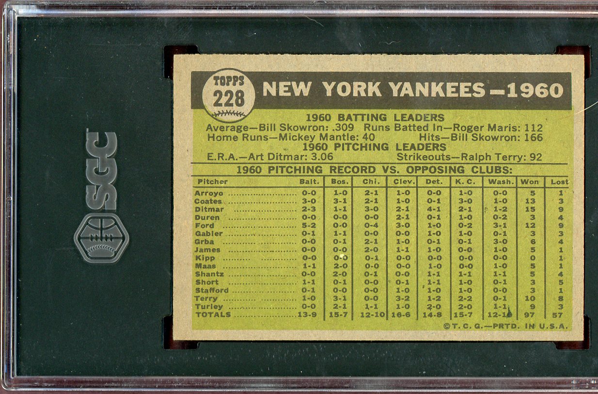 1961 Topps Baseball #228 New York Yankees Team SGC 3 VG 560792