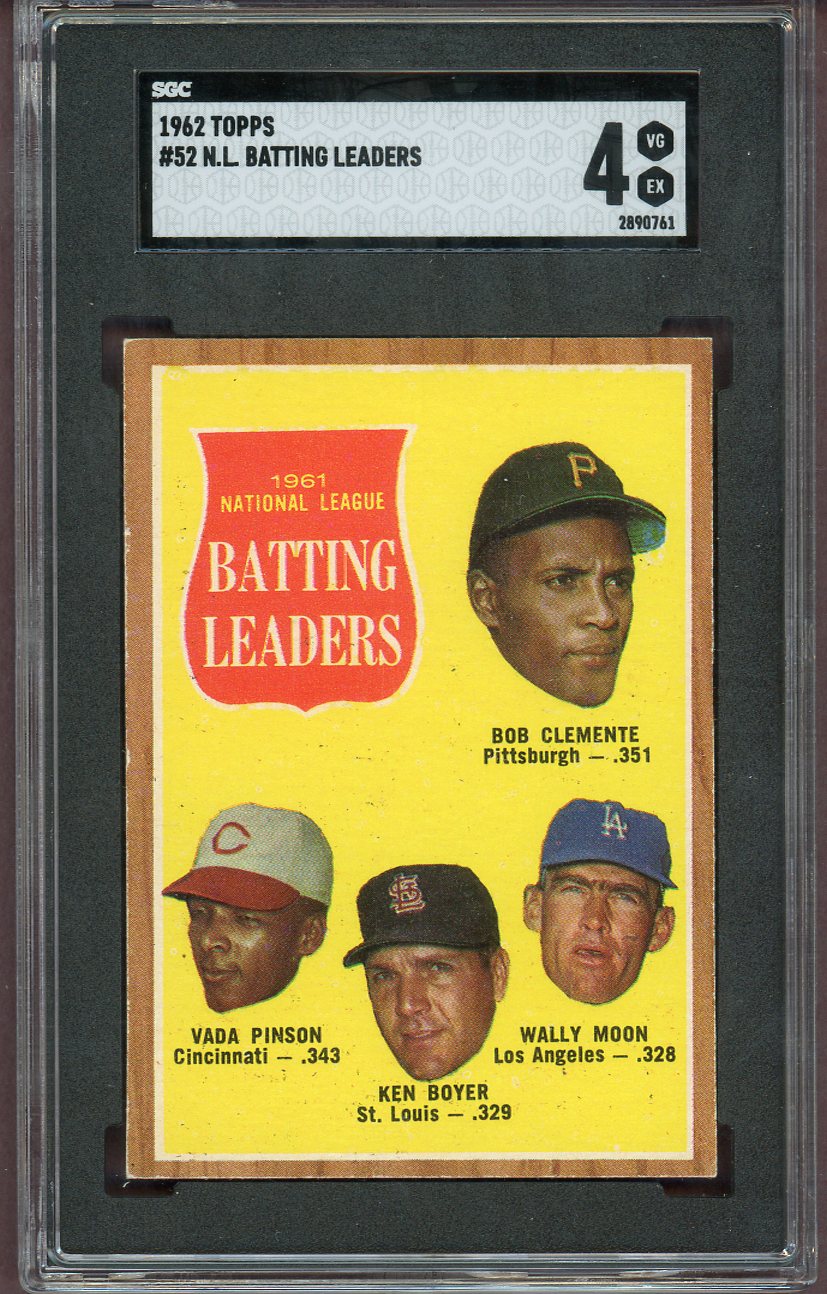 1962 Topps Baseball #052 N.L. Batting Leaders Roberto Clemente SGC 4 VG-EX 560798