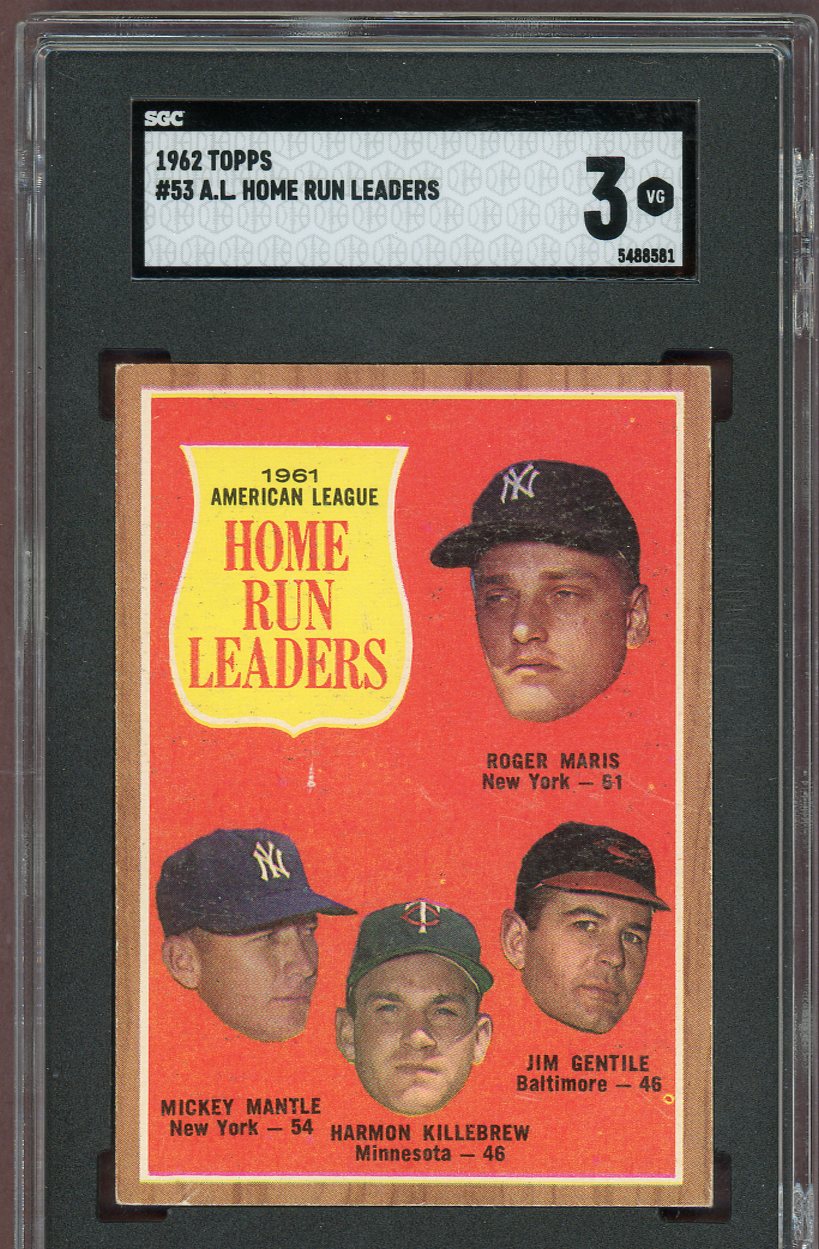 1962 Topps Baseball #053 A.L. Home Run Leaders Mickey Mantle SGC 3 VG 560799