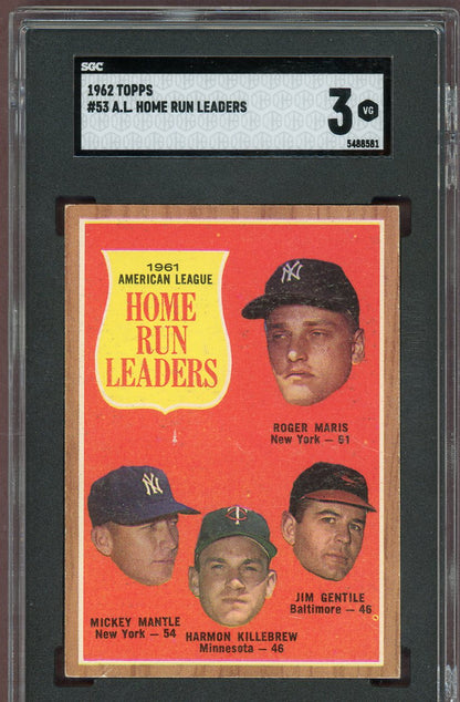 1962 Topps Baseball #053 A.L. Home Run Leaders Mickey Mantle SGC 3 VG 560799