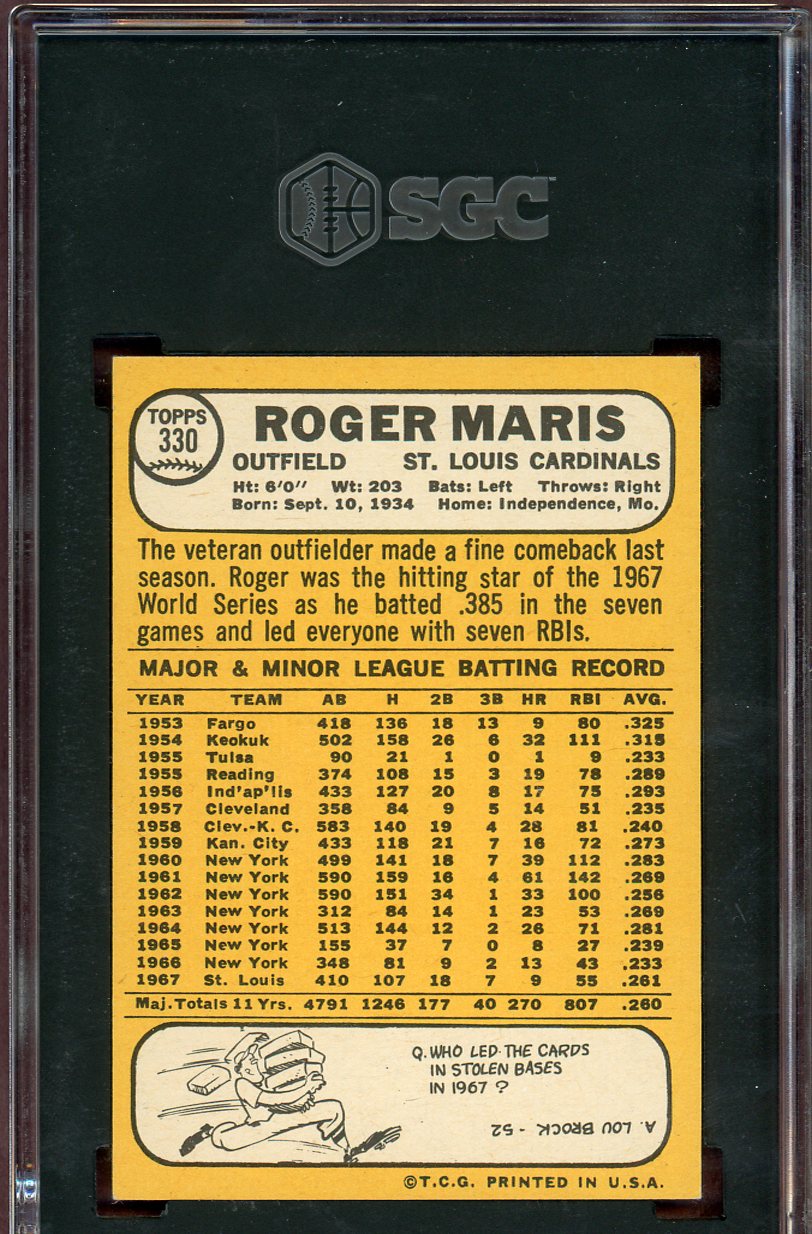 1968 Topps Baseball #330 Roger Maris Cardinals SGC 7 NM 560800