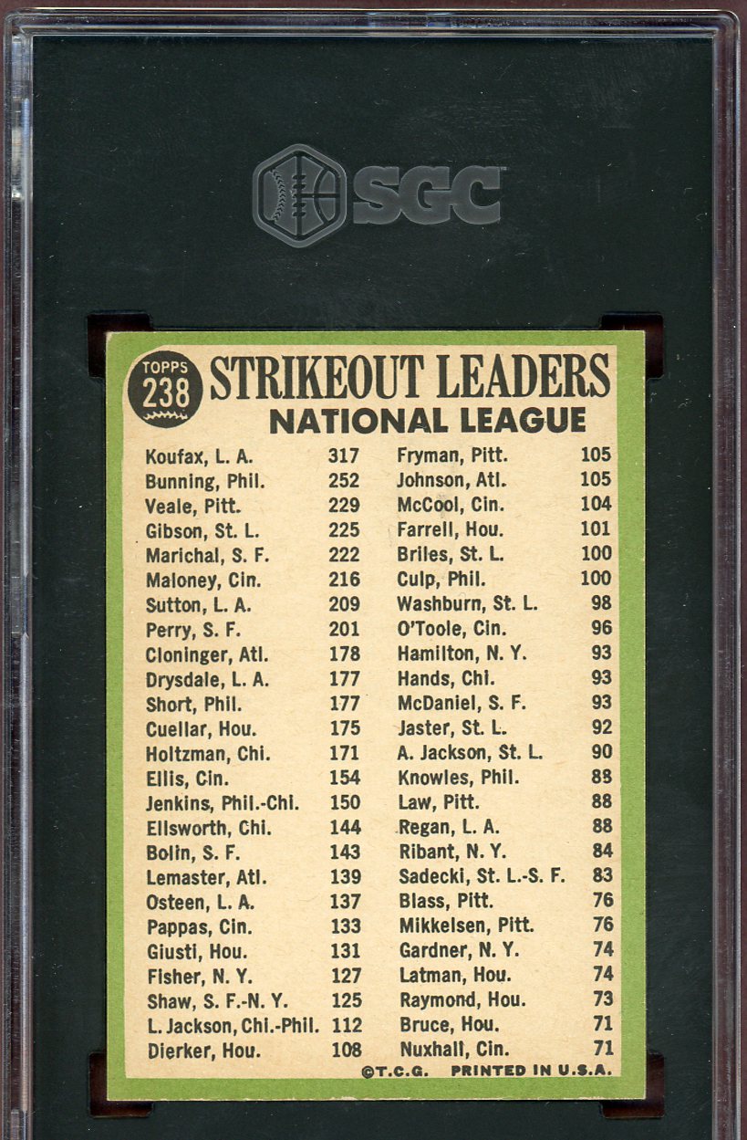 1967 Topps Baseball #238 N.L. Strike Out Leaders Sandy Koufax SGC 7 NM 560803
