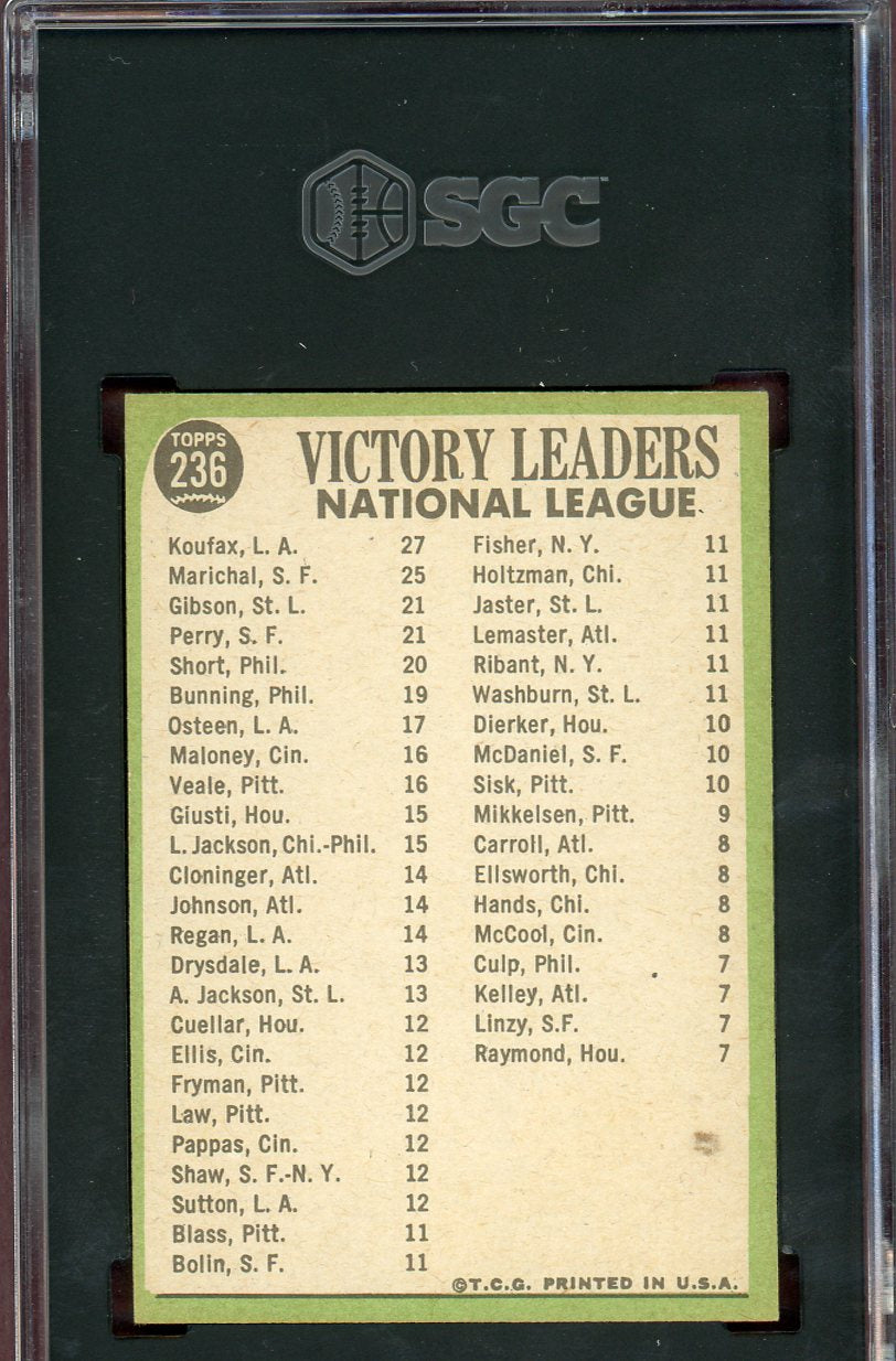 1967 Topps Baseball #236 N.L. Win Leaders Sandy Koufax SGC 6.5 EX-MT+ 560804