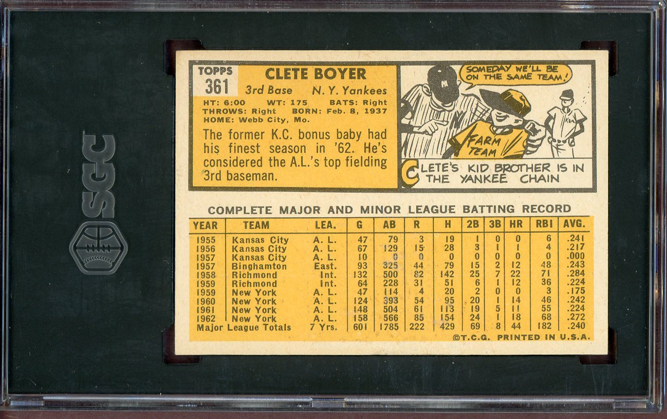 1963 Topps Baseball #361 Clete Boyer Yankees SGC 6 EX-MT 560813