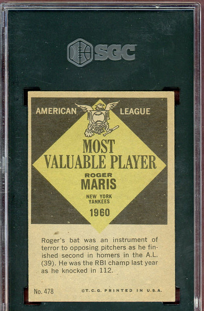 1961 Topps Baseball #478 Roger Maris MVP Yankees SGC 6 EX-MT 560819