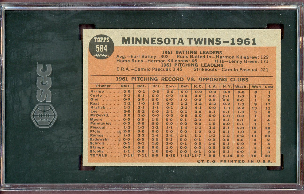 1962 Topps Baseball #584 Minnesota Twins Team SGC 8 NM/MT 560842
