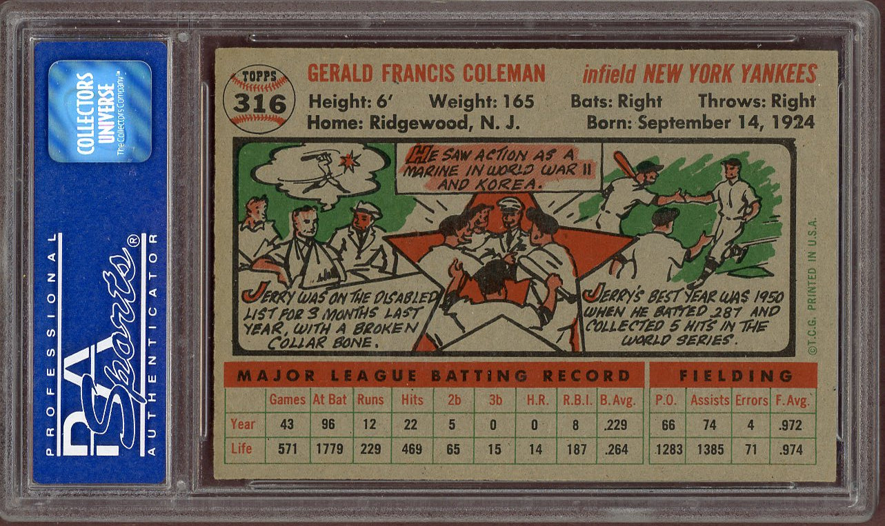 1956 Topps Baseball #316 Jerry Coleman Yankees PSA 7 NM 560853