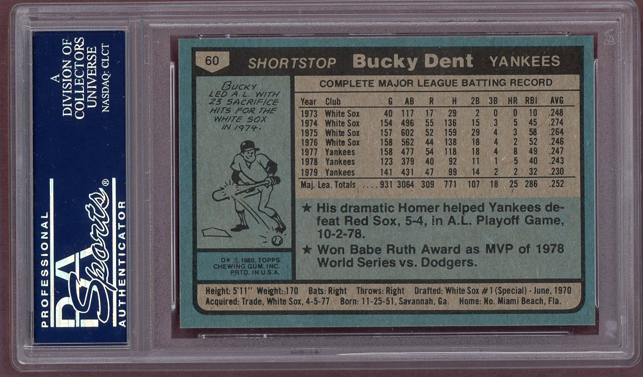 1980 Topps Baseball #060 Bucky Dent Yankees PSA 10 GEM MINT 560870