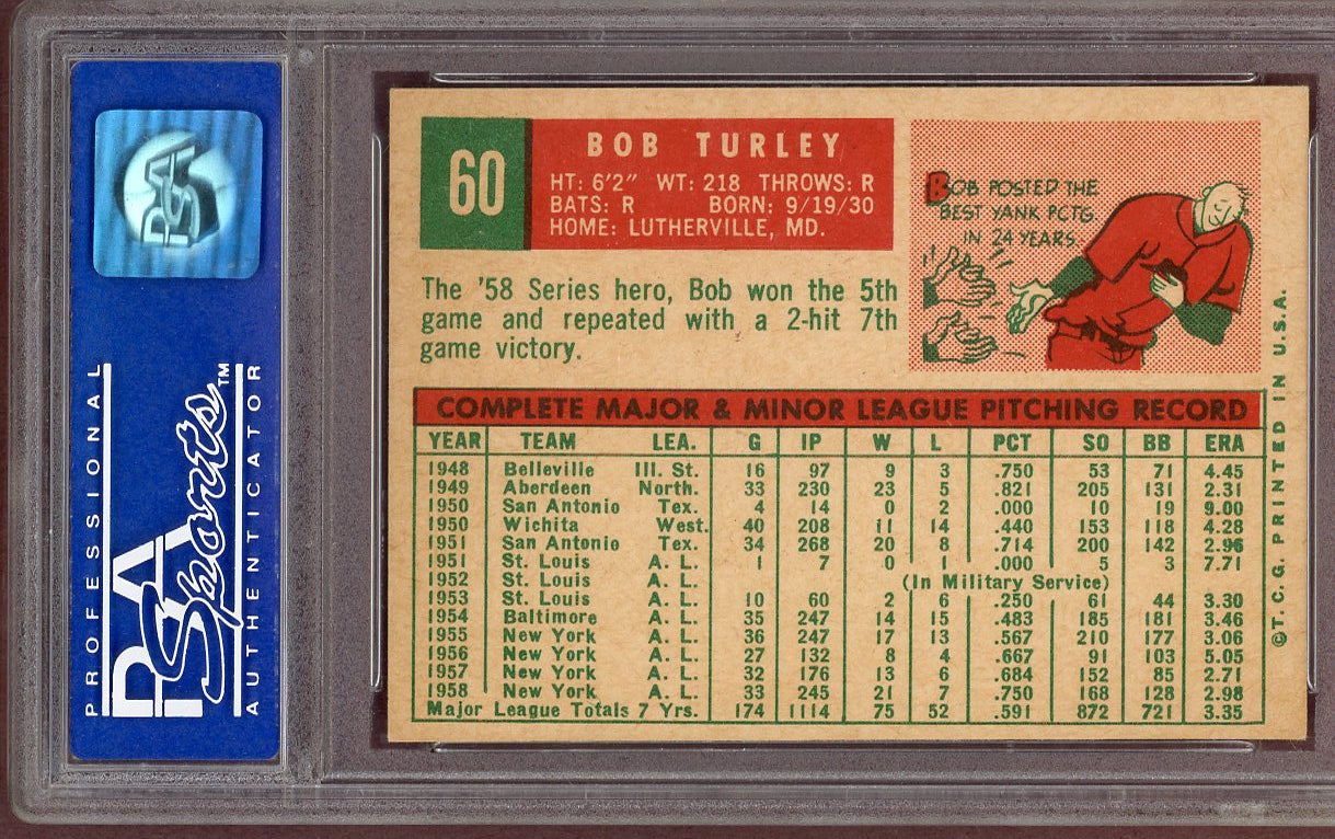 1959 Topps Baseball #060 Bob Turley Yankees PSA 7 NM 560879