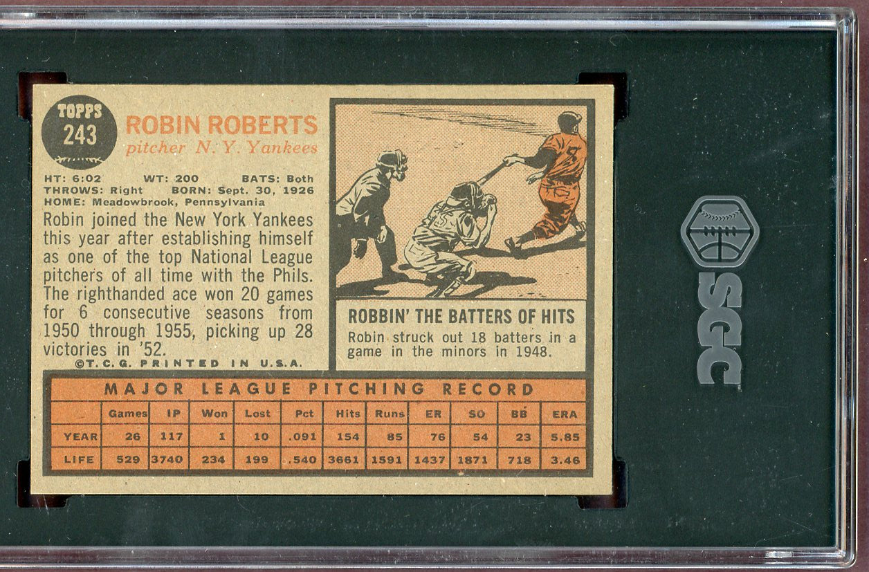 1962 Topps Baseball #243 Robin Roberts Yankees SGC 7 NM 560899