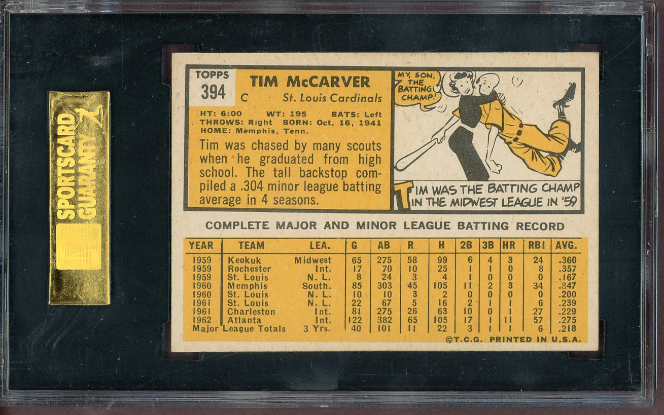 1963 Topps Baseball #394 Tim McCarver Cardinals SGC 7 NM 560905