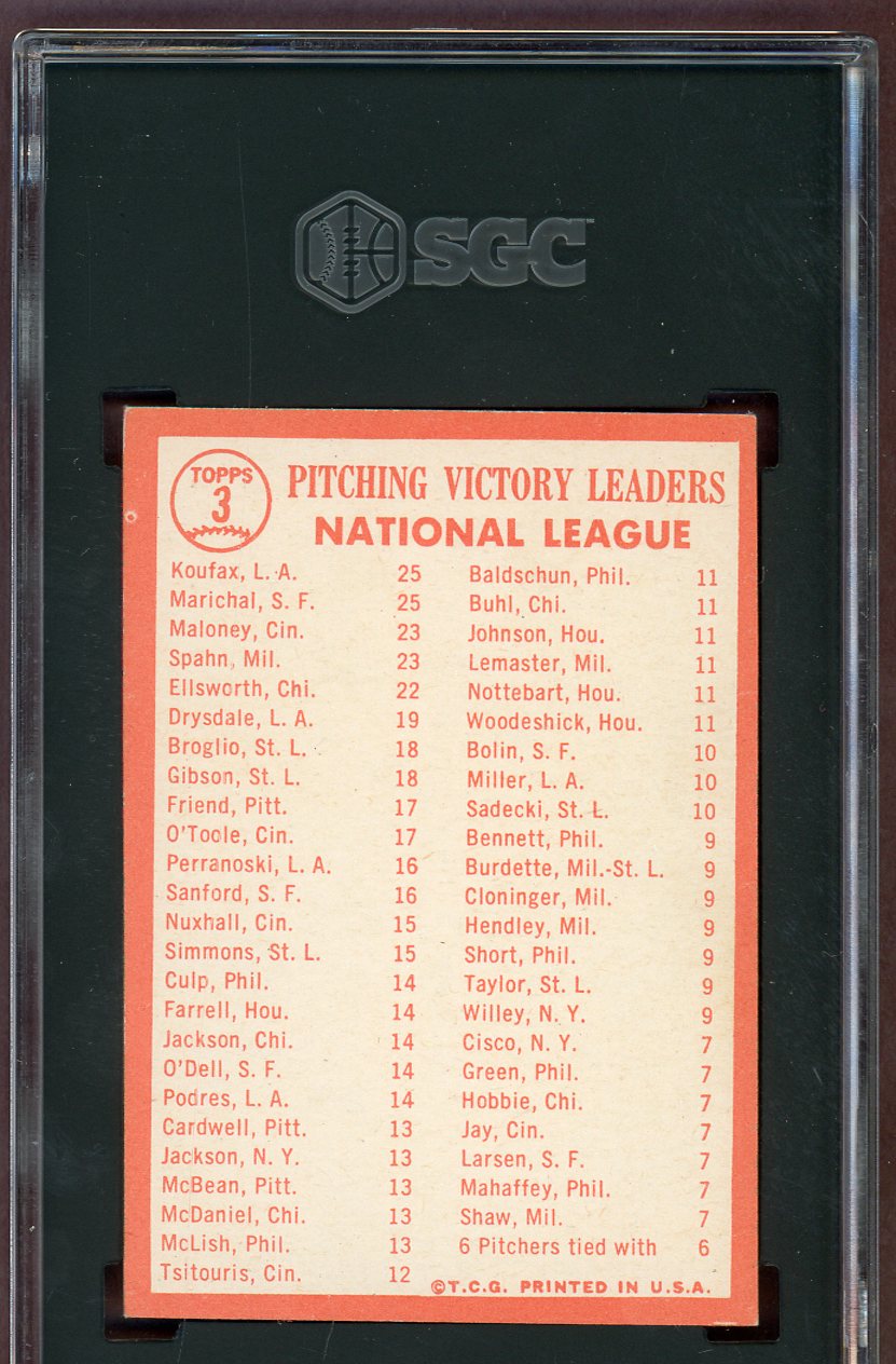 1964 Topps Baseball #003 N.L. Win Leaders Sandy Koufax SGC 6 EX-MT 560920