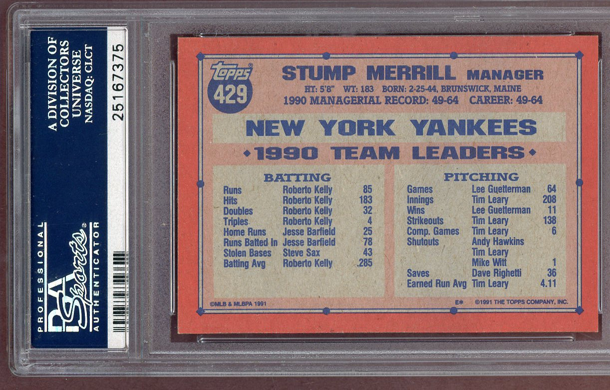 1991 Topps Desert Shield #429 Stump Merrill Yankees PSA 10 GEM MINT 560951