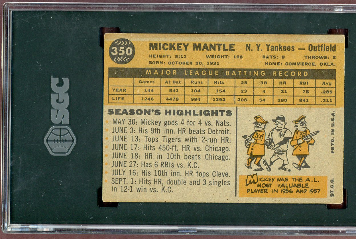 1960 Topps Baseball #350 Mickey Mantle Yankees SGC 4.5 VG-EX+ 560983