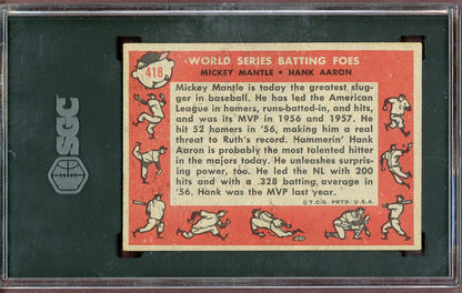 1958 Topps Baseball #418 Mickey Mantle Hank Aaron SGC 4 VG-EX 560990