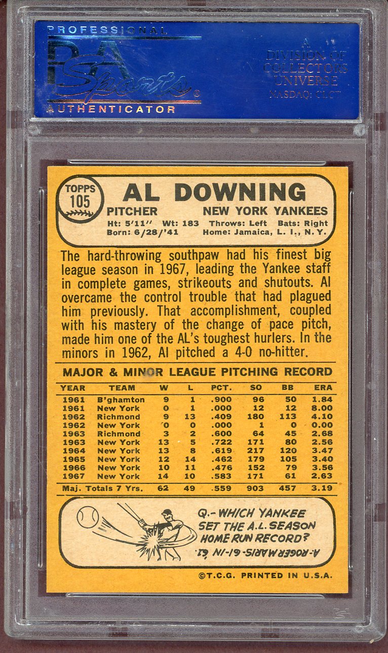 1968 Topps Baseball #105 Al Downing Yankees PSA 8 NM/MT 561053