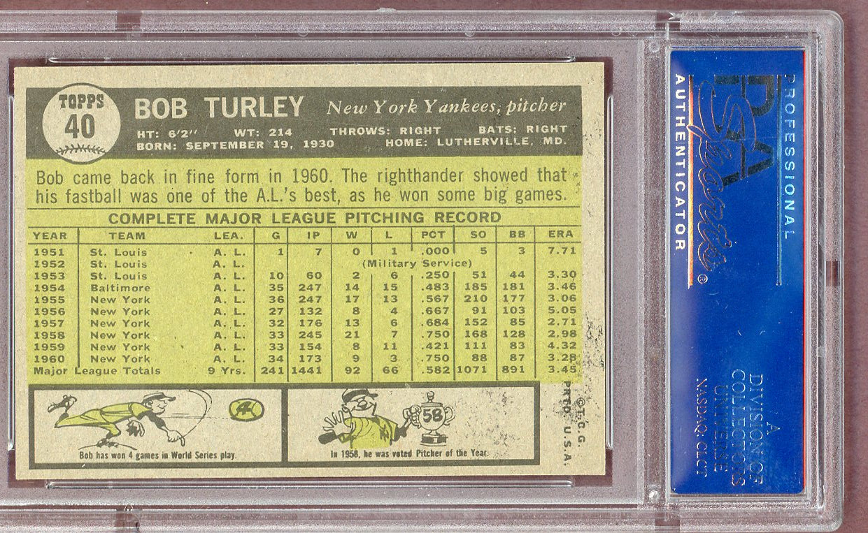 1961 Topps Baseball #040 Bob Turley Yankees PSA 7 NM 561060