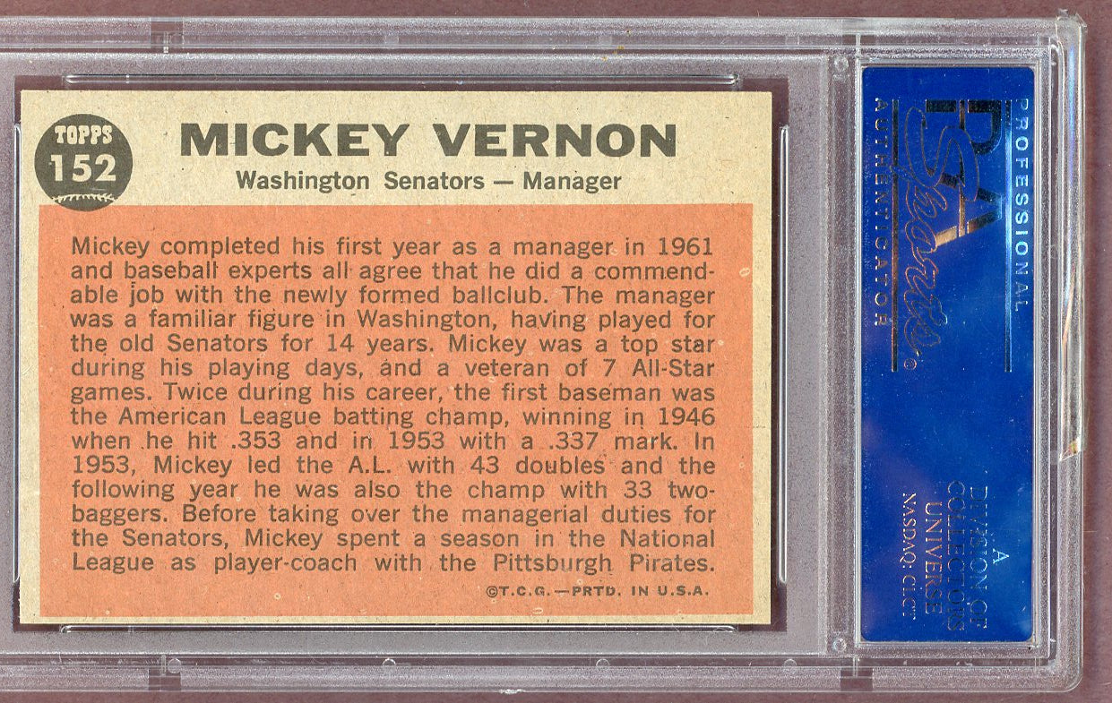 1962 Topps Baseball #152 Mickey Vernon Senators PSA 7 NM 561063