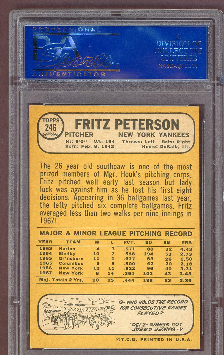 1968 Topps Baseball #246 Fritz Peterson Yankees PSA 7 NM 561067